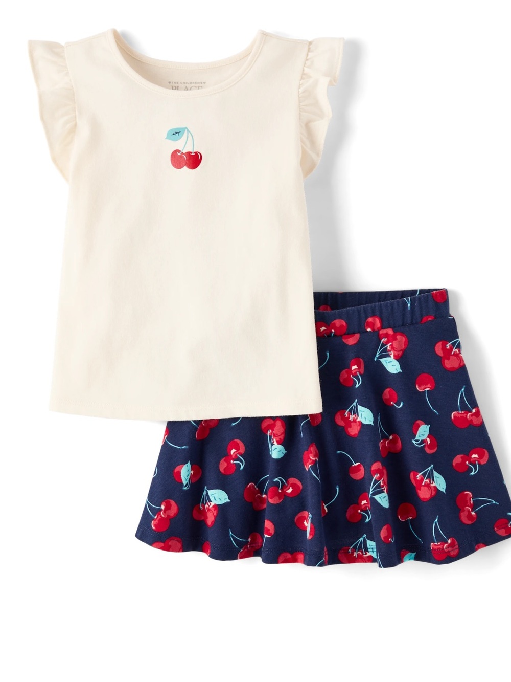 Cream Ruffle-Sleeve Top & Navy Cherry-Print Skirt Matching Set